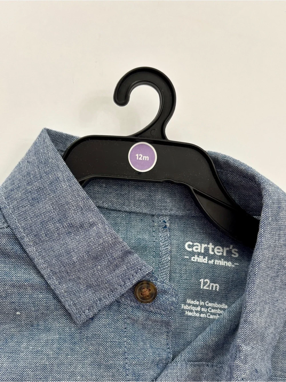 NWT Carters Child of Mine Baby Boy Chambray Romper 12M Blue Button One Piece New